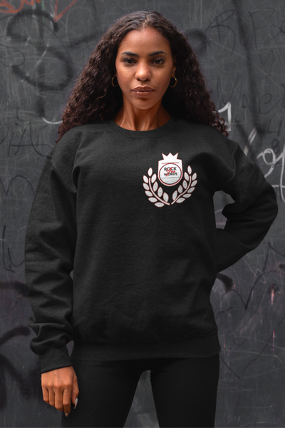 Black woman wearing black logo sweatshirt